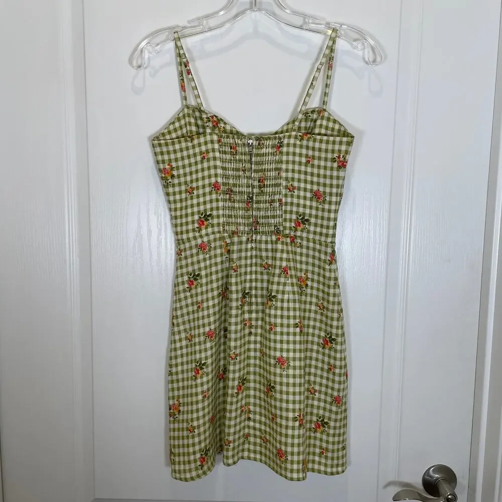 Reformation Roarke Floral Check Mini Sun Dress Green Gingham Sweetheart Linen 2 - Picture 5 of 5